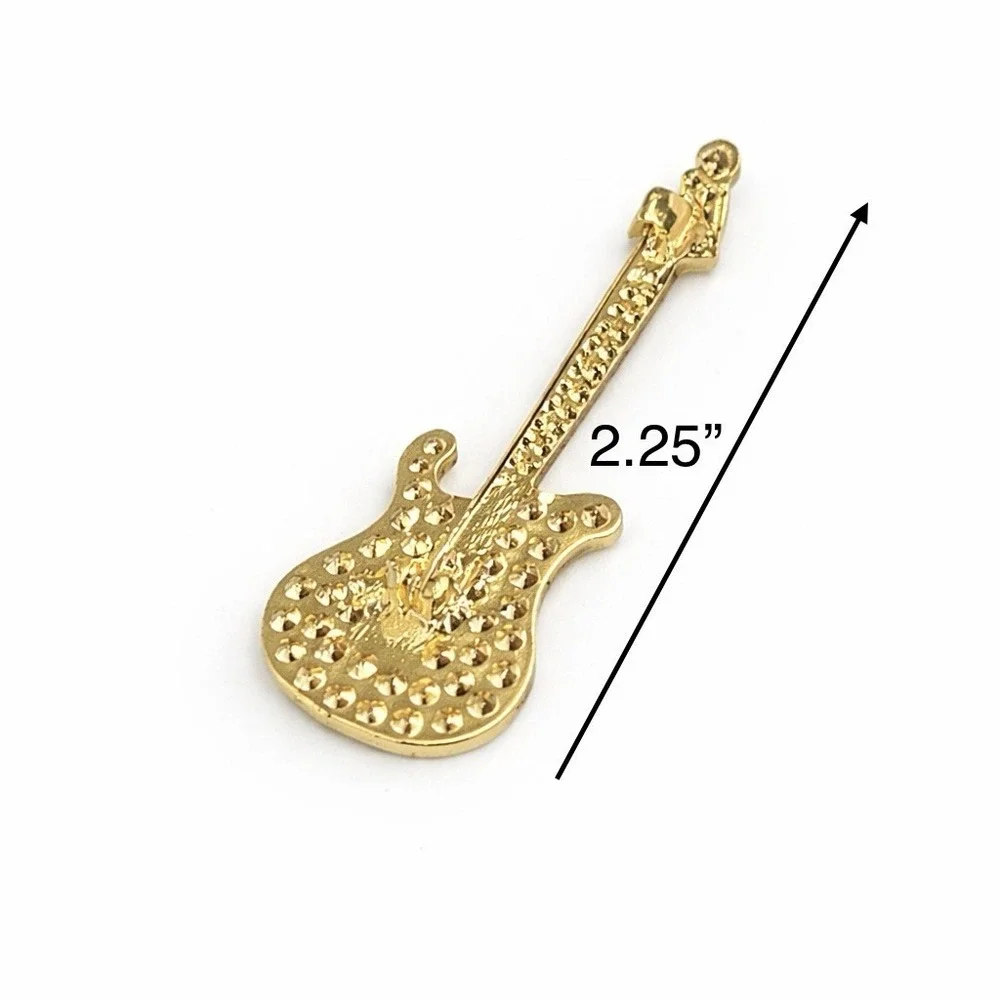 White Rhinestone Electric Guitar Brooch with Gold Tone Metal Accent Pin 2.25